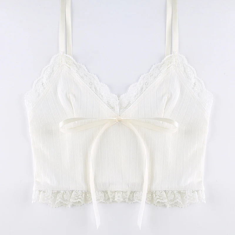 White Ribbed Bow Lace V-Cut Ruffle Trim Bow Spaghetti Strap Top