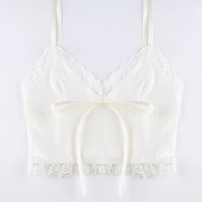 White Ribbed Bow Lace V-Cut Ruffle Trim Bow Spaghetti Strap Top