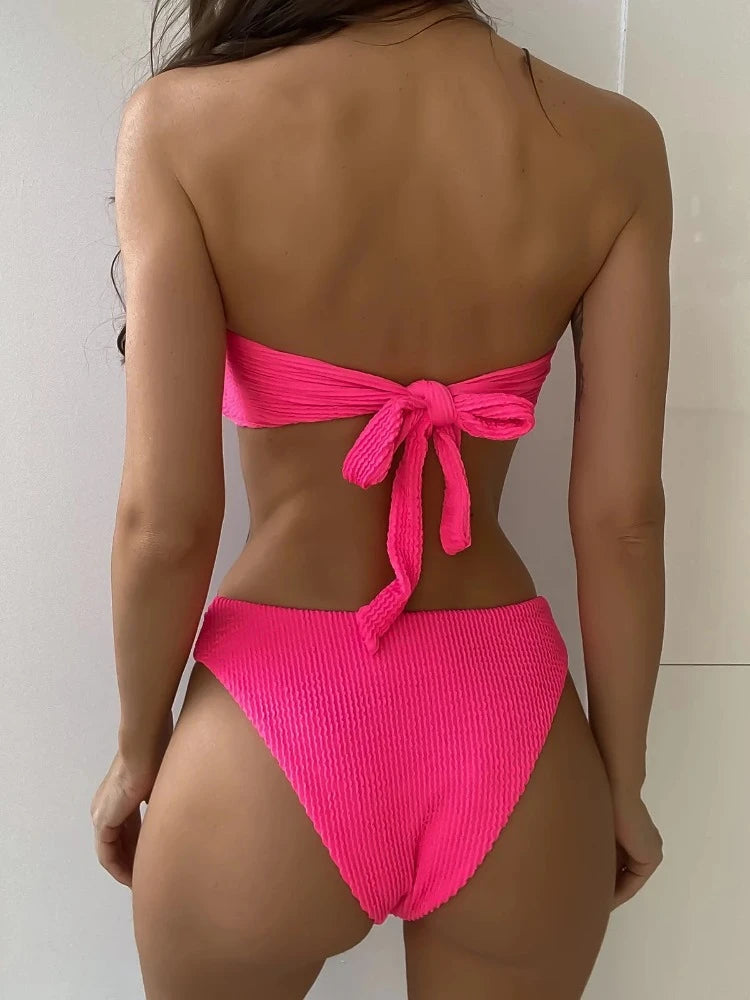 Neon Solid Color Ribbed Strapless Bikini