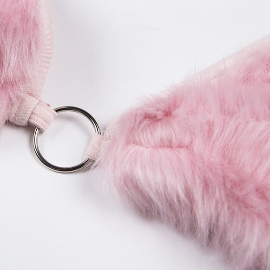 Pink Fur V-Cut Criss-Cross Tie-Up Backless Halter Crop Top