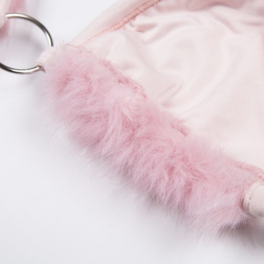 Pink Fur V-Cut Criss-Cross Tie-Up Backless Halter Crop Top