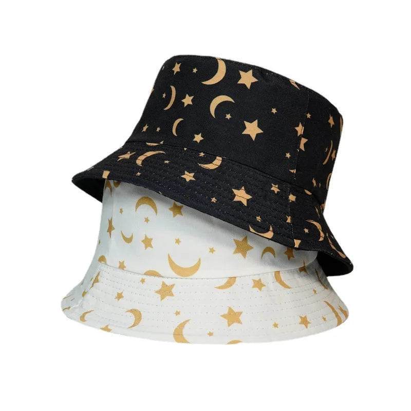 Neutral Moon And Stars Print Cotton Reversible Bucket Hat