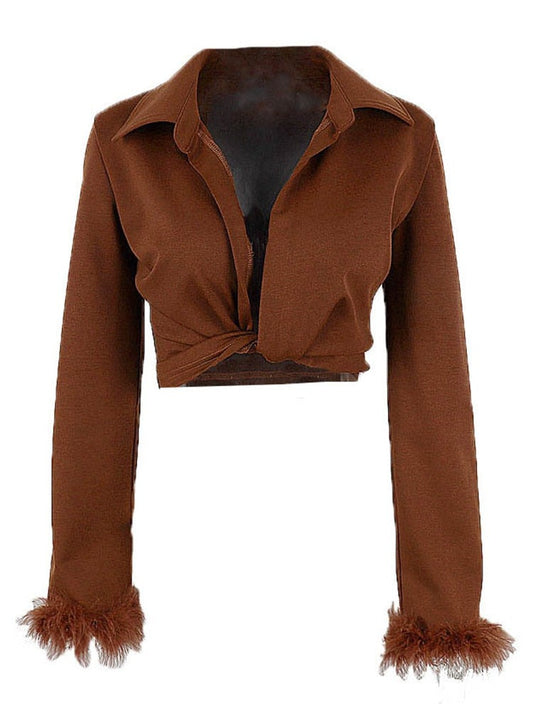 Brown Collar Deep V-Cut Twist Crop Fur Cuff Long Sleeve