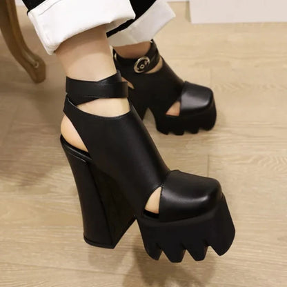 Solid Color Leather Buckle Hollow Out Closed Toe Platform Heels