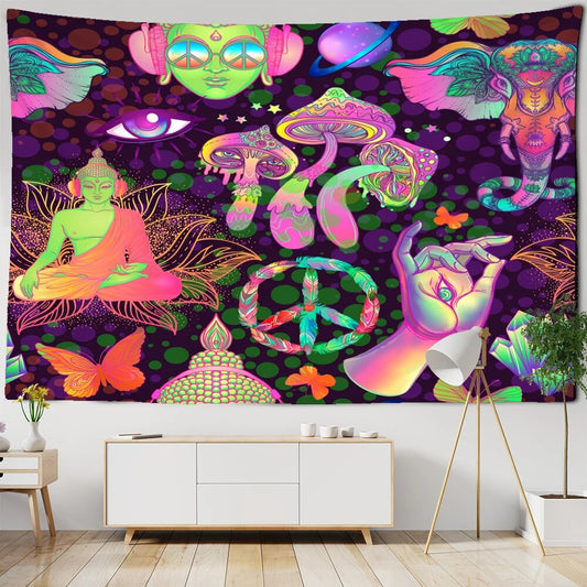 Multicolor Neon Spiritual Symbols Tapestry