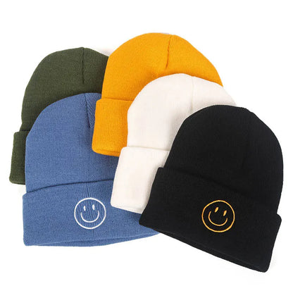 Solid Color Knit Smiley Face Beanie