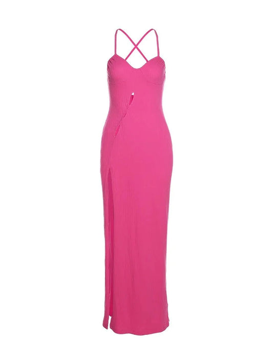 Solid Color Ribbed V-Cut Front Tie Hollow Out Leg Slit Backless Halter Maxi Dress