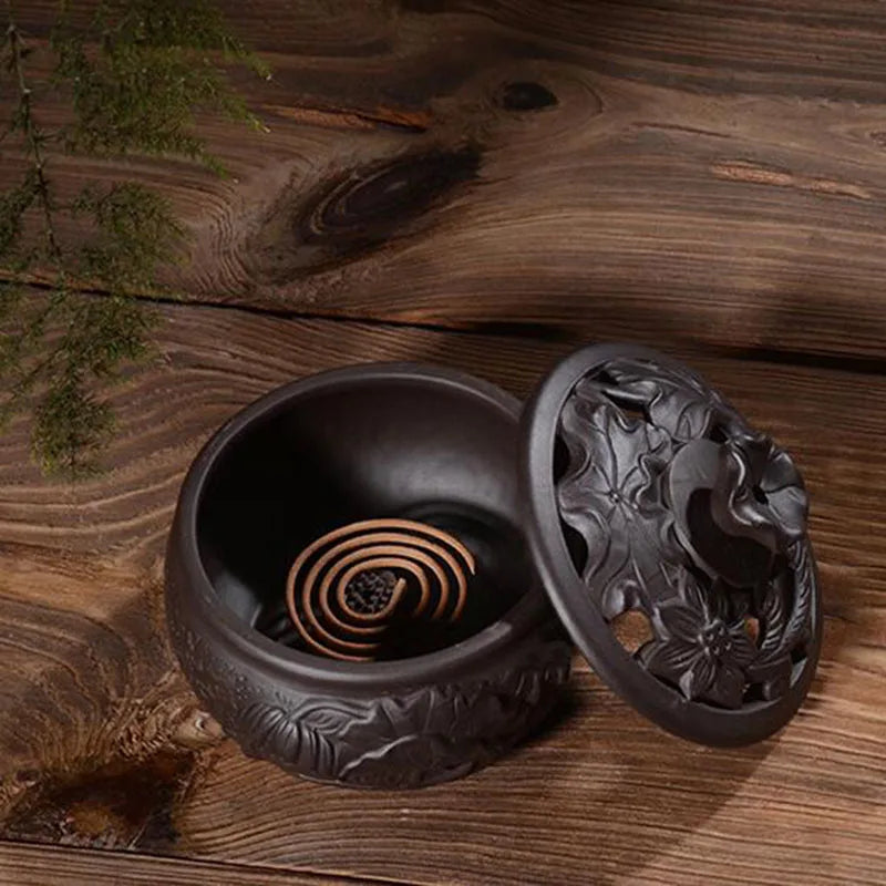 Brown Porcelain Flower Lid And Coil Incense Burner