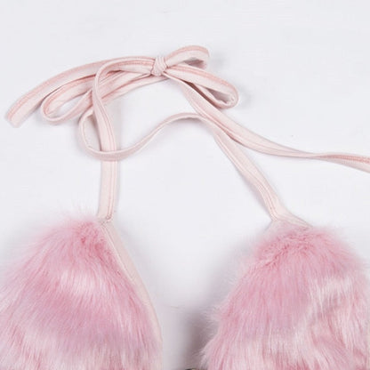 Pink Fur V-Cut Criss-Cross Tie-Up Backless Halter Crop Top