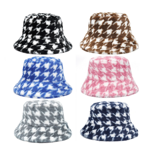 Fur Houndstooth Bucket Hat