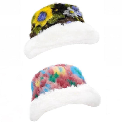 Floral Print White Trim Fur Bucket Hat