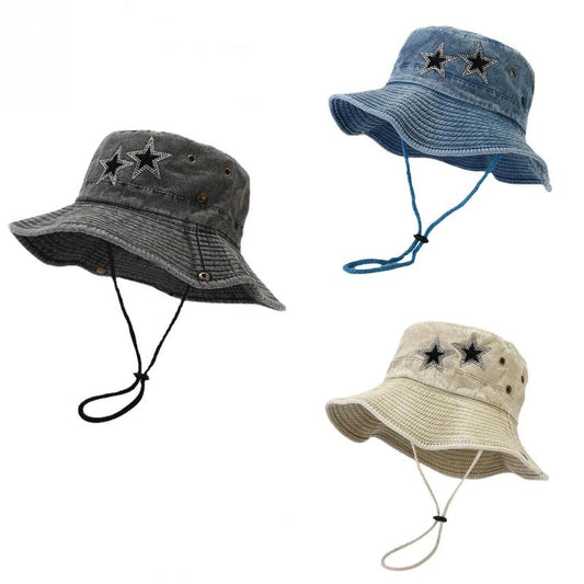 Solid Color Washed Out Rhinestone Studded Stars Cotton Fisherman Bucket Hat