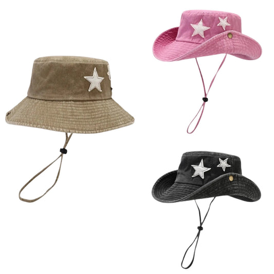 Solid Color Washed Out Stars Cotton Fisherman Bucket Hat