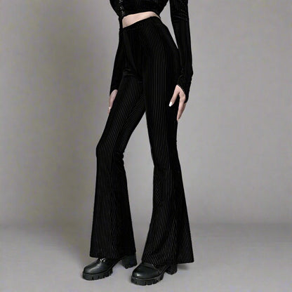 Black Suede Ribbed High Waisted Flare Pants