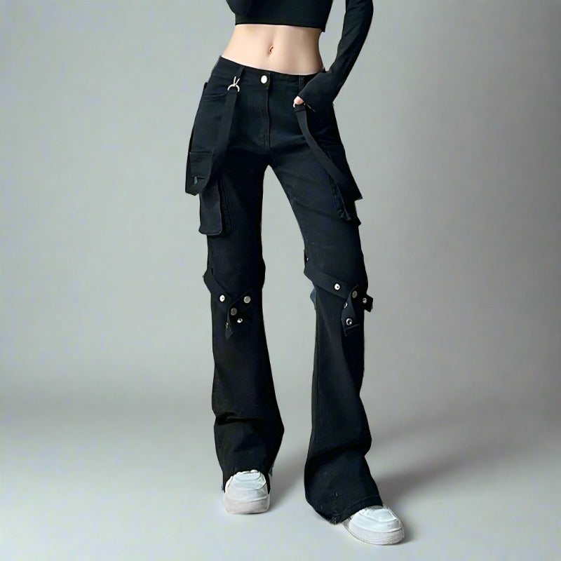 Black Denim Double Side Chain Low Waisted Straight Jeans