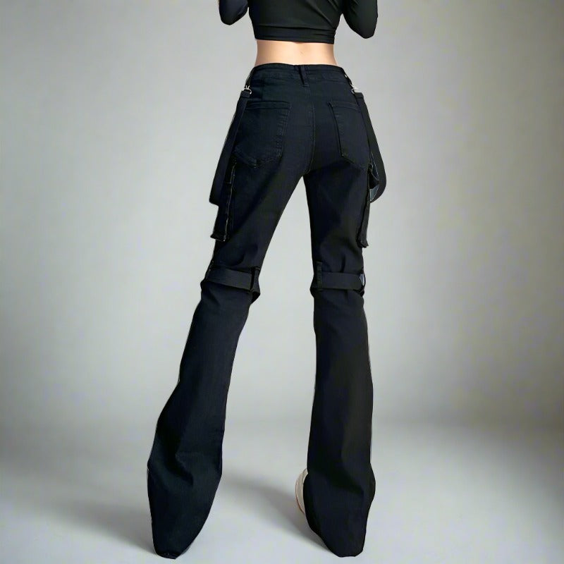 Black Denim Double Side Chain Low Waisted Straight Jeans