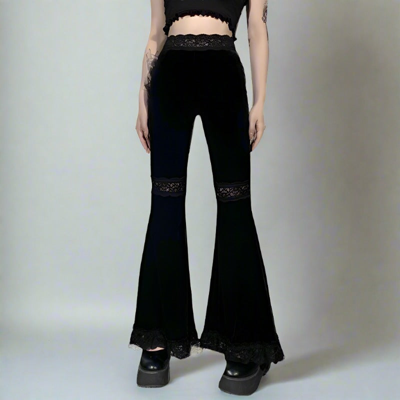 Black Suede Lace Trim High Waisted Flare Pants