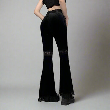 Black Suede Lace Trim High Waisted Flare Pants