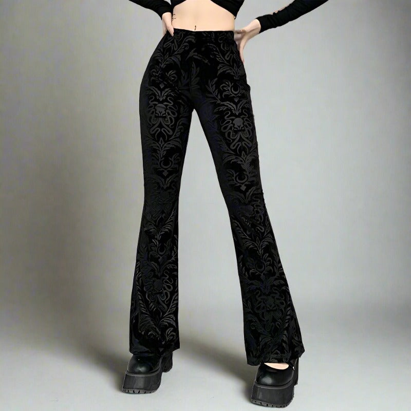 Black Suede Vera Print High Waisted Flare Pants