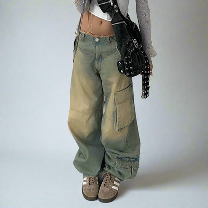 Blue Washed Out Denim Cargo Fringe Trim Low Waisted Baggy Jeans