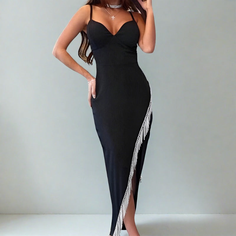 Black Fringe Diamond Spaghetti Strap Maxi Dress