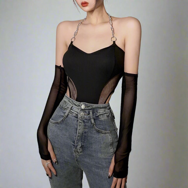 Black Gloves And Ribbed V-Cut Mesh Hollow Out Chain Halter Bodysuit