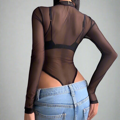 Black Sheer Collar Front Zip-Up Long Sleeve Bodysuit
