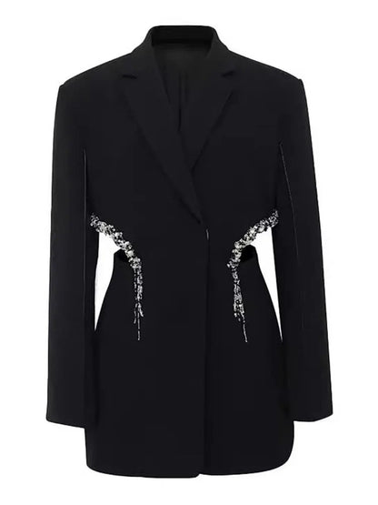 Black Hollow Out Beaded Tassel Trim Blazer