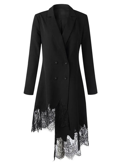 Black Double Breasted Lace Trim Long Blazer