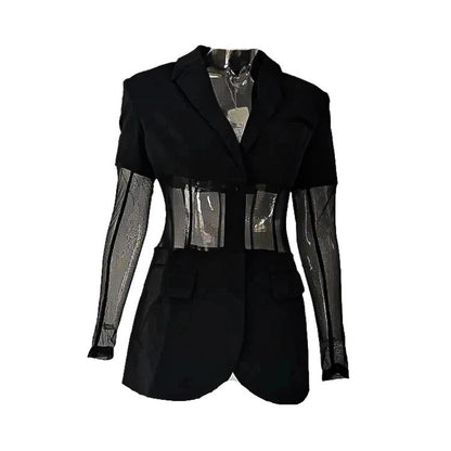 Black Puff Shoulder Sheer Sleeve And Corset Blazer