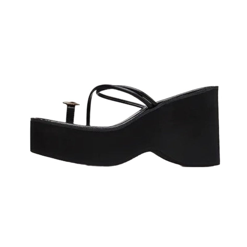 Black Double Strap Toe Ring Platform Heels