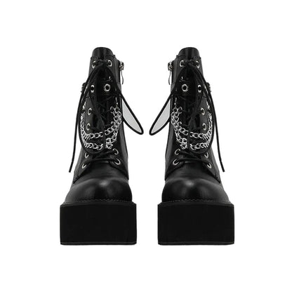 Black Grommet Studded Buckle Front Lace-Up Chain Platform Heel Booties