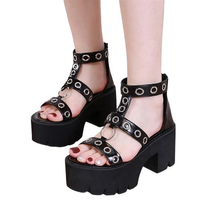 Black Grommet Studded Strappy Platform Heels