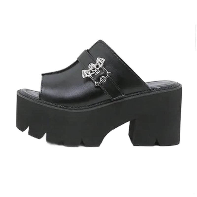 Black Leather Extra Thick Bat Buckle Strap Platform Heels