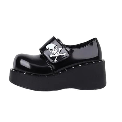 Black Glossy Skull Velcro Strap Closed Toe Platform Wedge Heel Sneakers