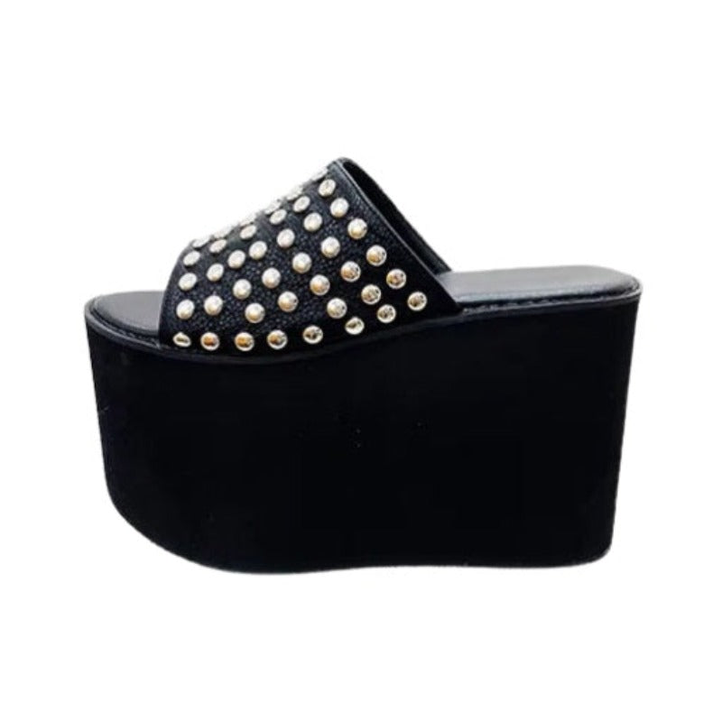 Black Leather Studded Extra Thick Strap Platform Wedge Heels