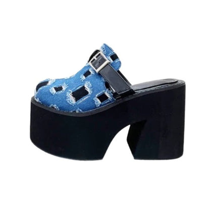 Blue Denim Jean Patchwork Black Buckle Closed Toe Platform Heels