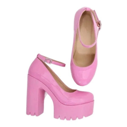 Pink Glossy Leather Buckle Closed Toe Platform Heels