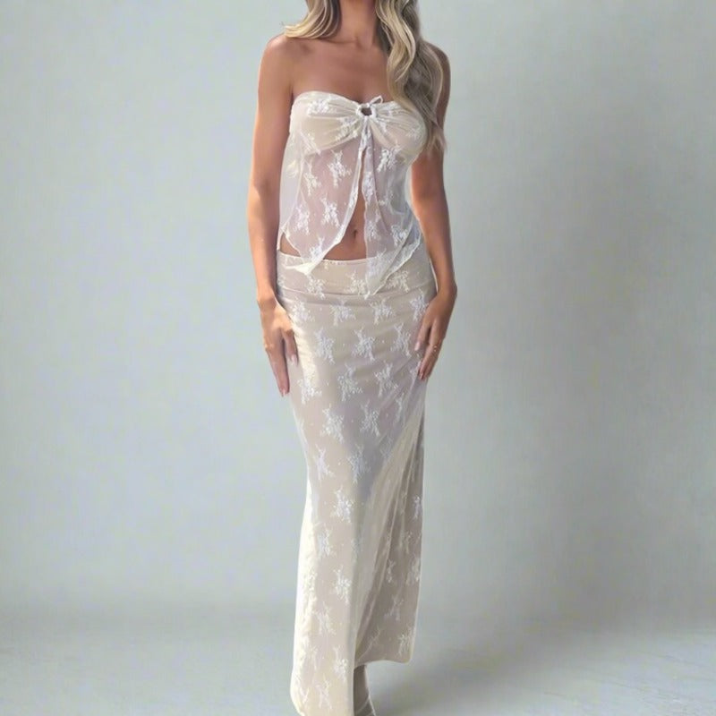 Neutral Lace Front Slit Halter Top And Maxi Skirt Set