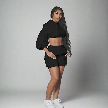 Neutral Sweat Crop Hoodie And Shorts Set