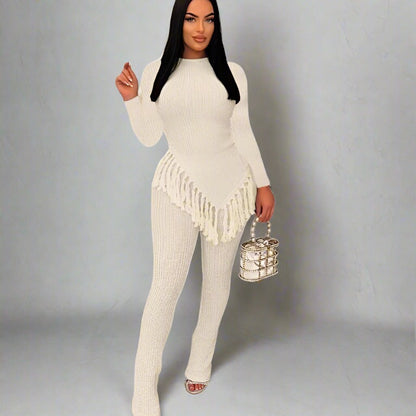 Neutral Ribbed Asymmetric Fringe Trim Long Sleeve And Pants Set