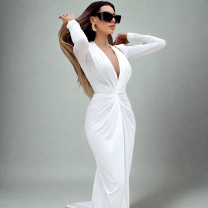 Neutral Deep Knot V-Cut Leg Slit Long Sleeve Maxi Dress