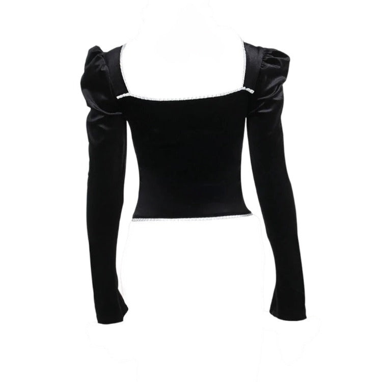 Black Suede White Ruffle Trim Puff Shoulder Long Sleeve