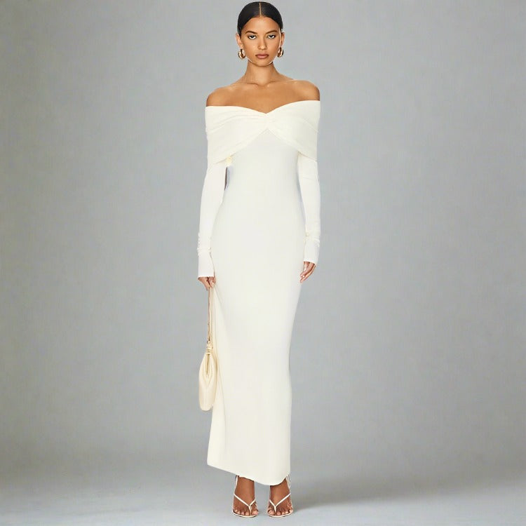 Neutral Ruched Off Shoulder Long Sleeve Maxi Dress