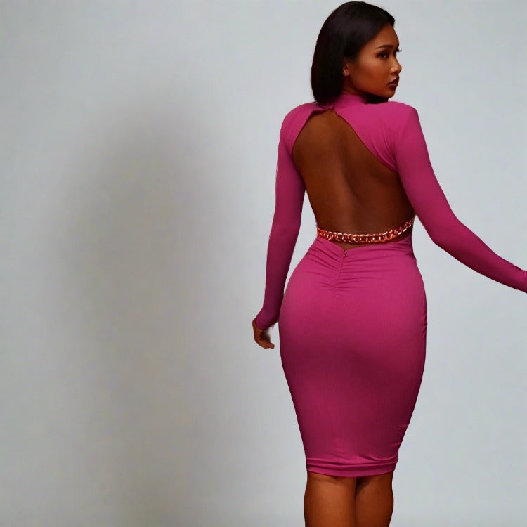 Pink Turtleneck Backless Cuban Link Chain Long Sleeve Midi Dress