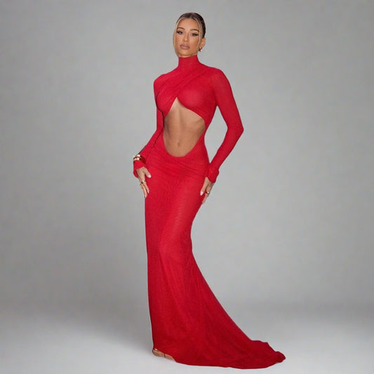 Red Criss-Cross Turtleneck Hollow Out Backless Train Maxi Dress