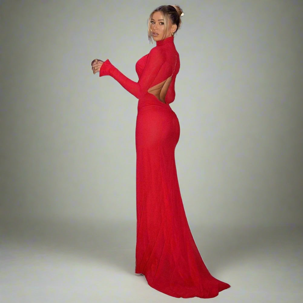 Red Criss-Cross Turtleneck Hollow Out Backless Train Maxi Dress