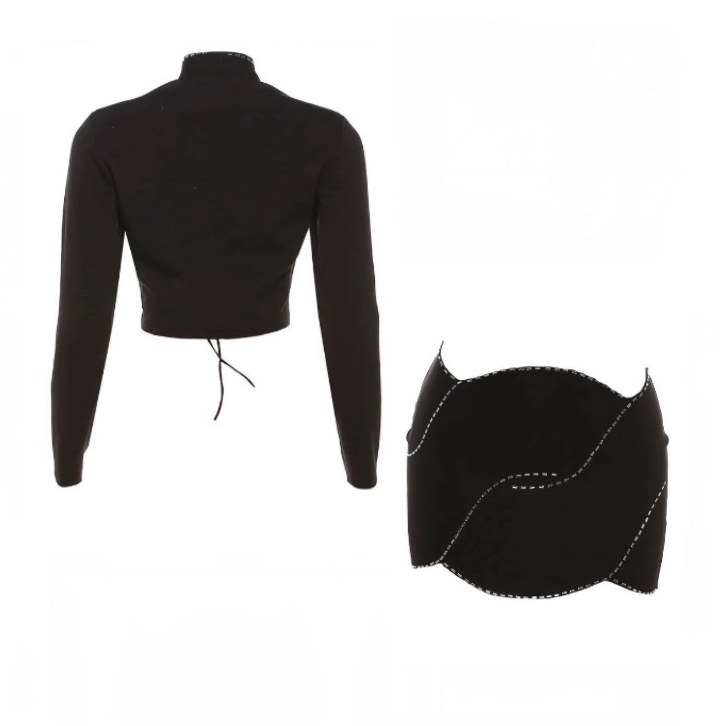 Black Beaded Trim Asymmetric Tassel Crop Blazer And Mini Skirt Set