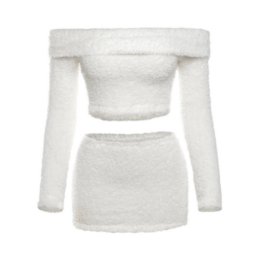 White Fur Off Shoulder Long Sleeve Top And Mini Skirt Set