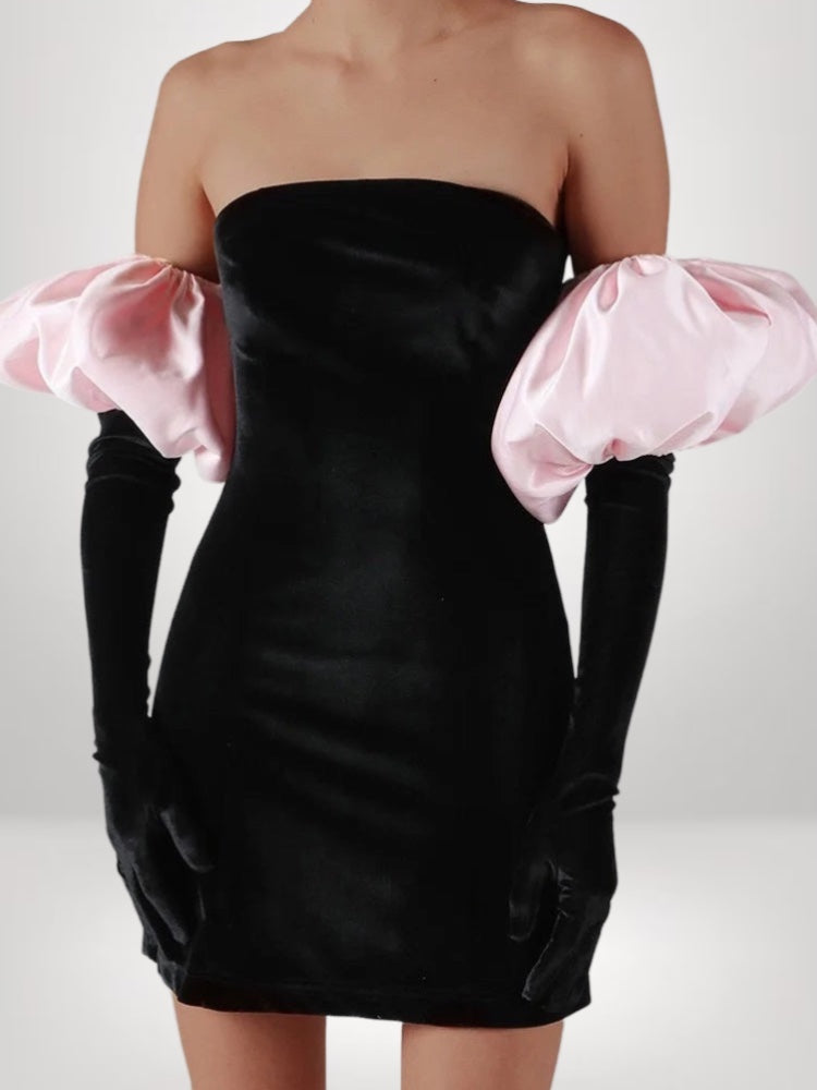 Black Suede Gloves Solid color Puff Trim + Strapless Mini Dress